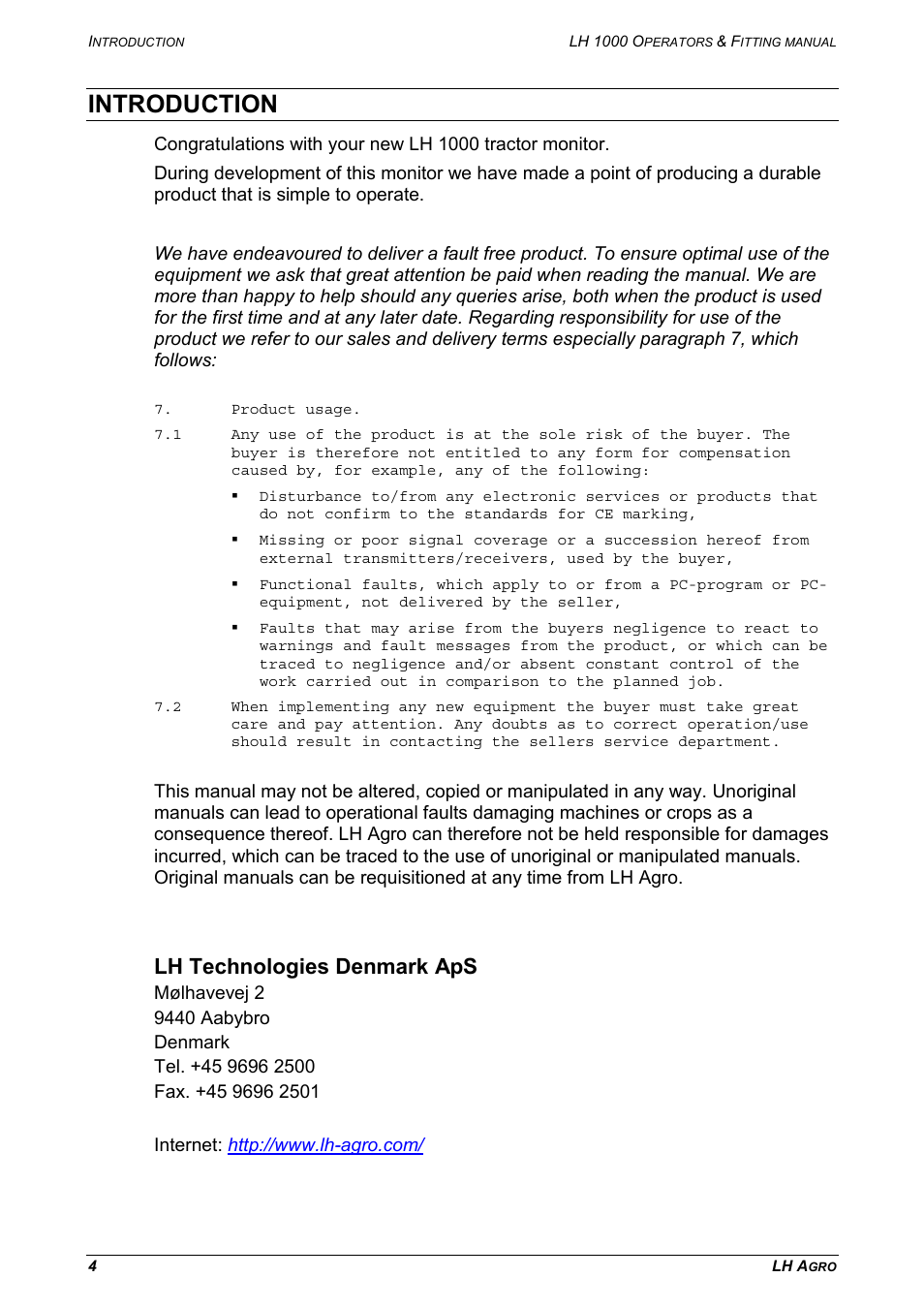 Introduction, Lh technologies denmark aps | TeeJet LH 1000 User Manual | Page 4 / 16
