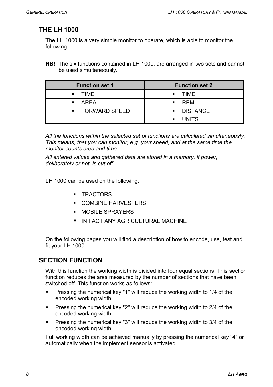 The lh 1000 section function, The lh 1000 | TeeJet LH 1000 User Manual | Page 6 / 16