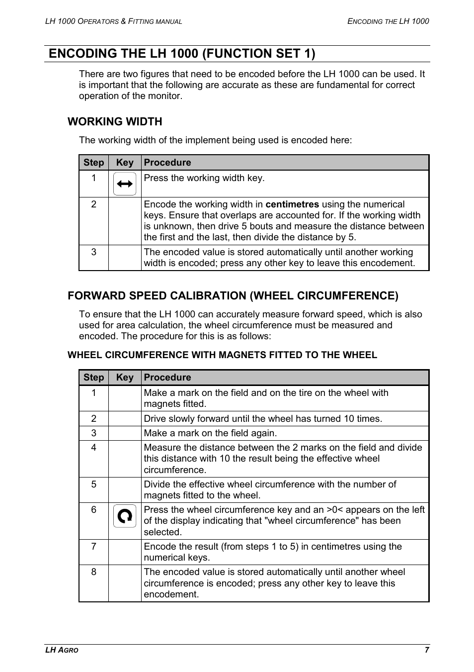 Encoding the lh 1000 (function set 1), Working width, Forward speed calibration (wheel circumference) | TeeJet LH 1000 User Manual | Page 7 / 16