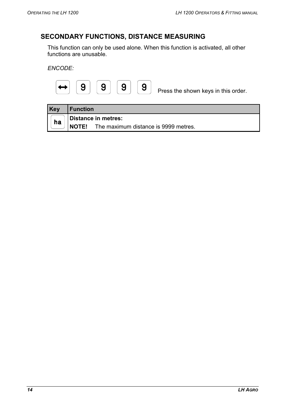 Secondary functions, distance measuring | TeeJet LH 1200 User Manual | Page 14 / 28