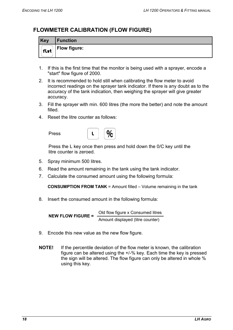 Flowmeter calibration (flow figure) | TeeJet LH 1200 User Manual | Page 18 / 28