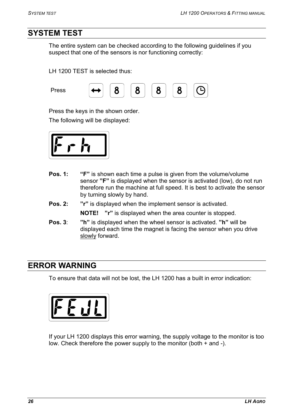 System test, Error warning | TeeJet LH 1200 User Manual | Page 26 / 28