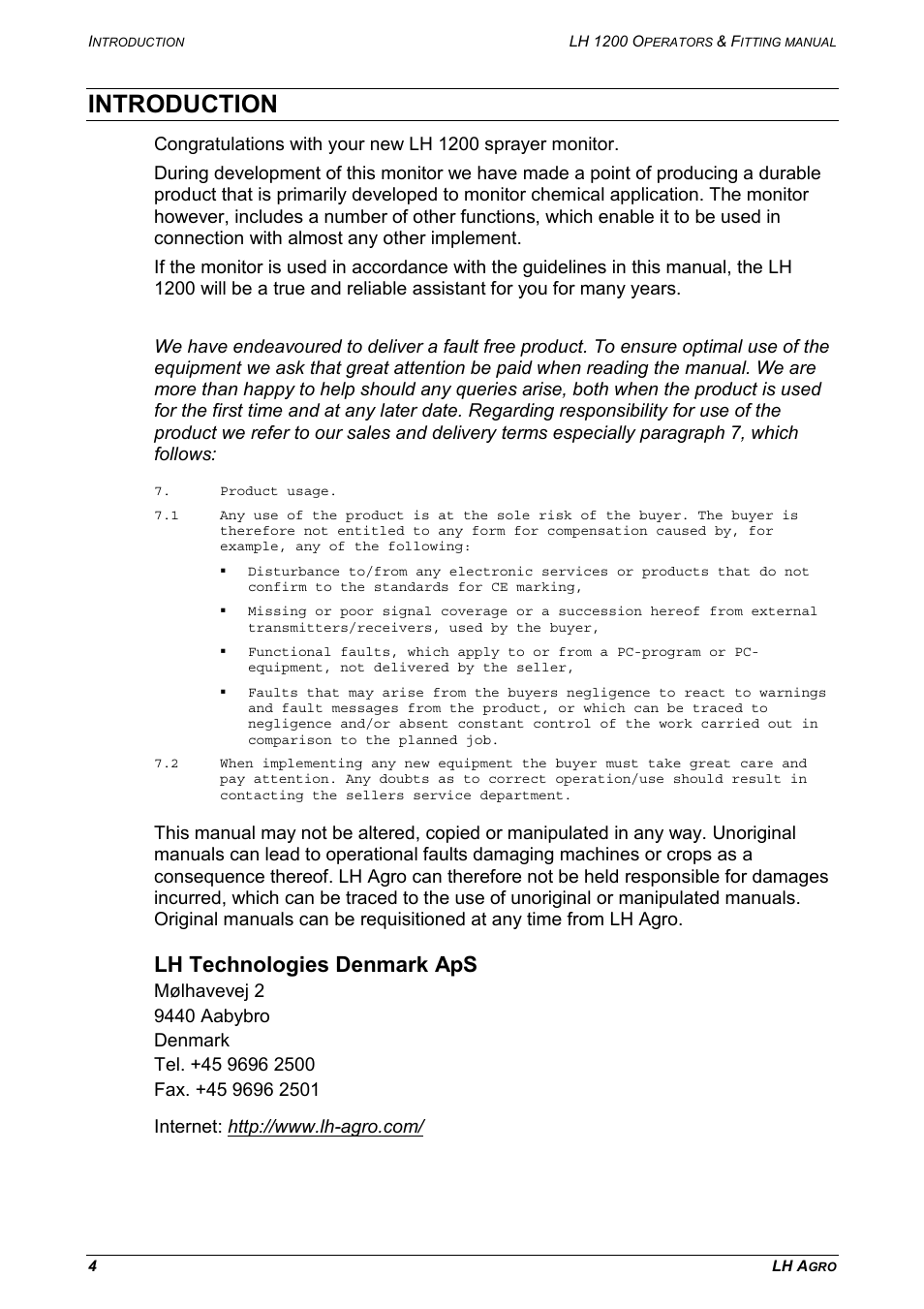 Introduction, Lh technologies denmark aps | TeeJet LH 1200 User Manual | Page 4 / 28