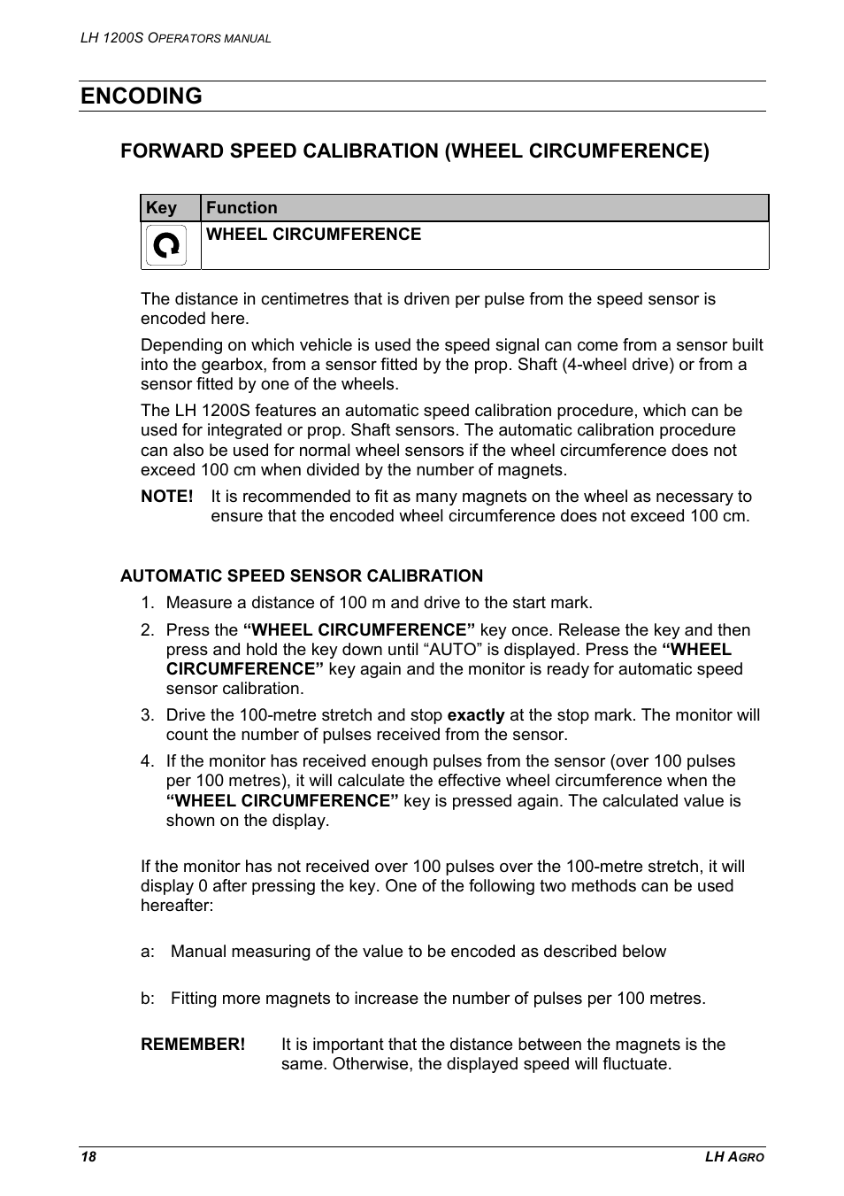 Encoding, Forward speed calibration (wheel circumference), Automatic speed sensor calibration | TeeJet LH 1200S User Manual | Page 18 / 28