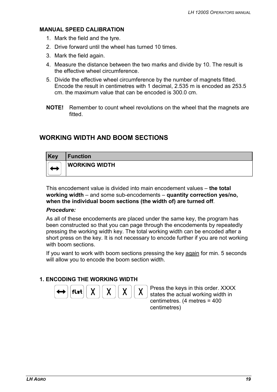 Manual speed calibration, Working width and boom sections, Encoding the working width | TeeJet LH 1200S User Manual | Page 19 / 28
