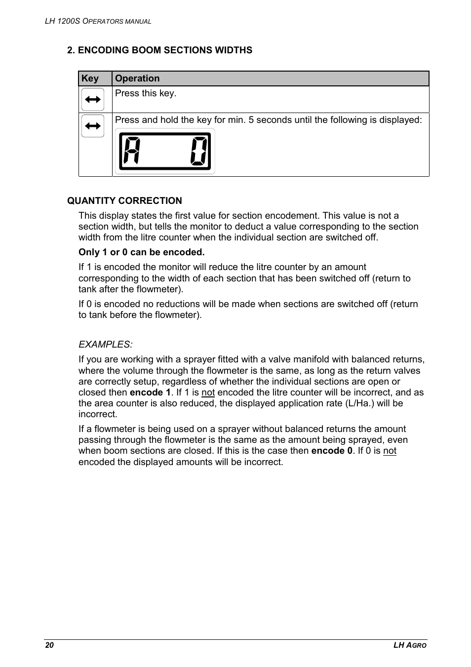 Encoding boom sections widths quantity correction | TeeJet LH 1200S User Manual | Page 20 / 28
