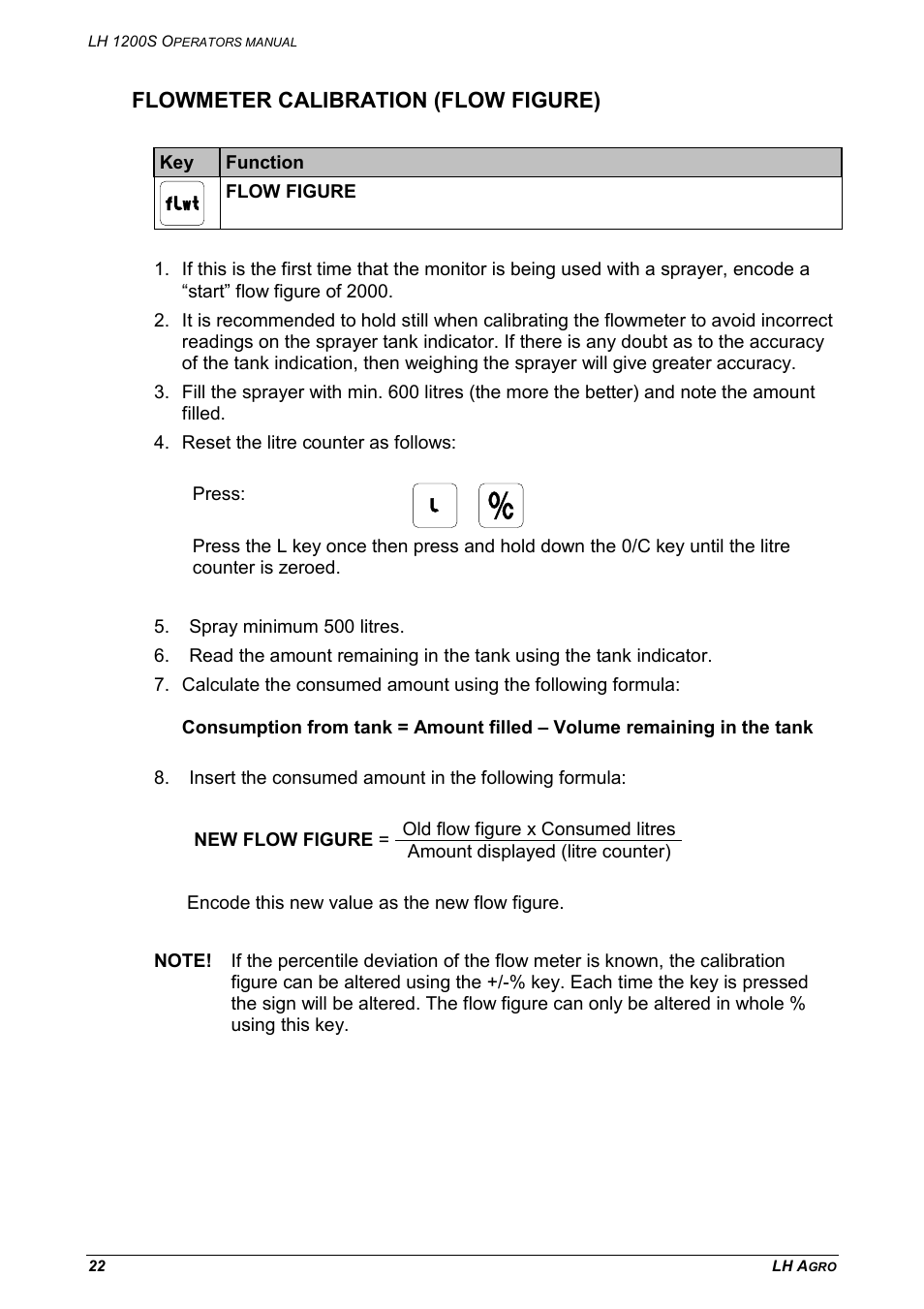 Flowmeter calibration (flow figure) | TeeJet LH 1200S User Manual | Page 22 / 28