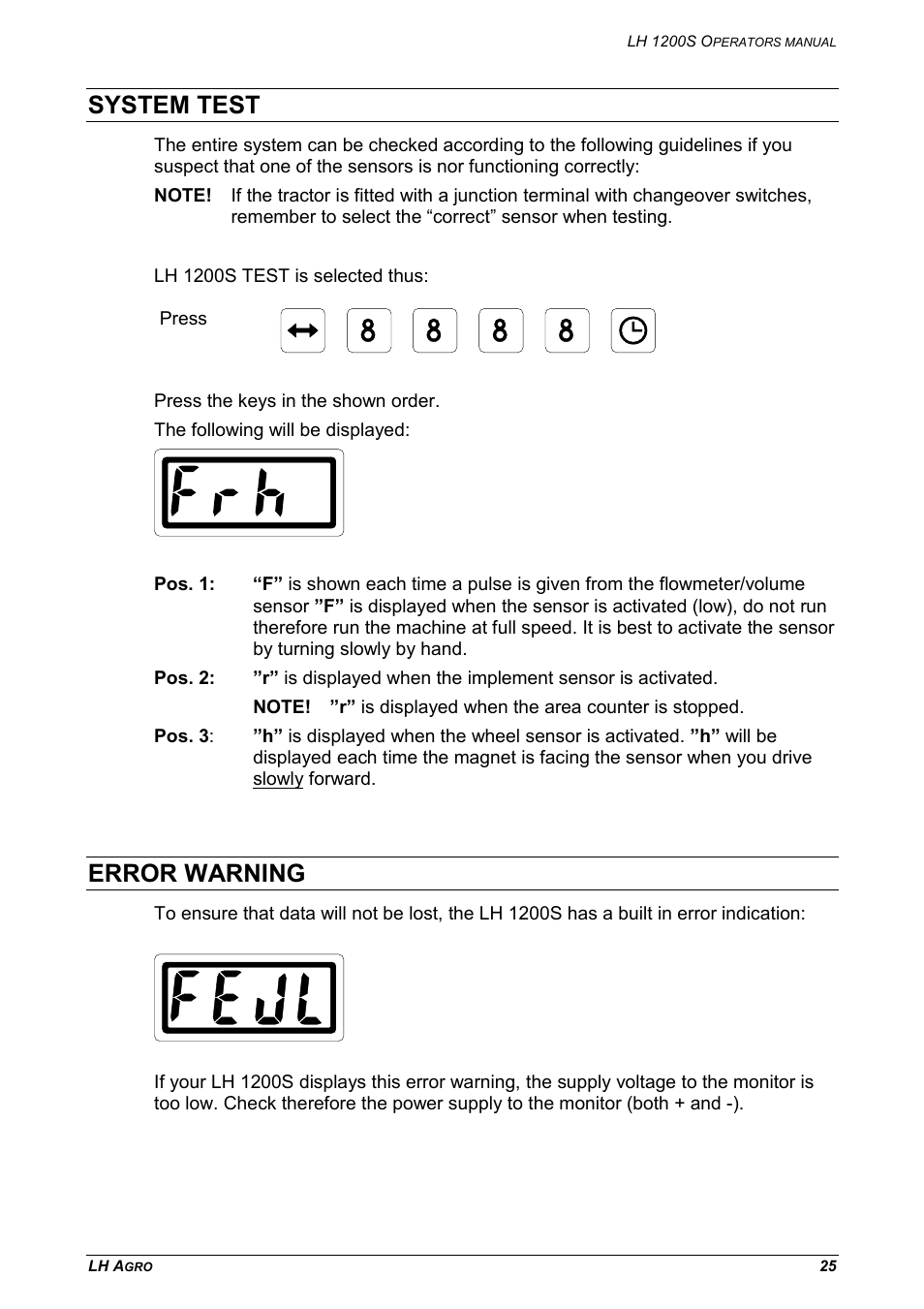 System test error warning, System test, Error warning | TeeJet LH 1200S User Manual | Page 25 / 28