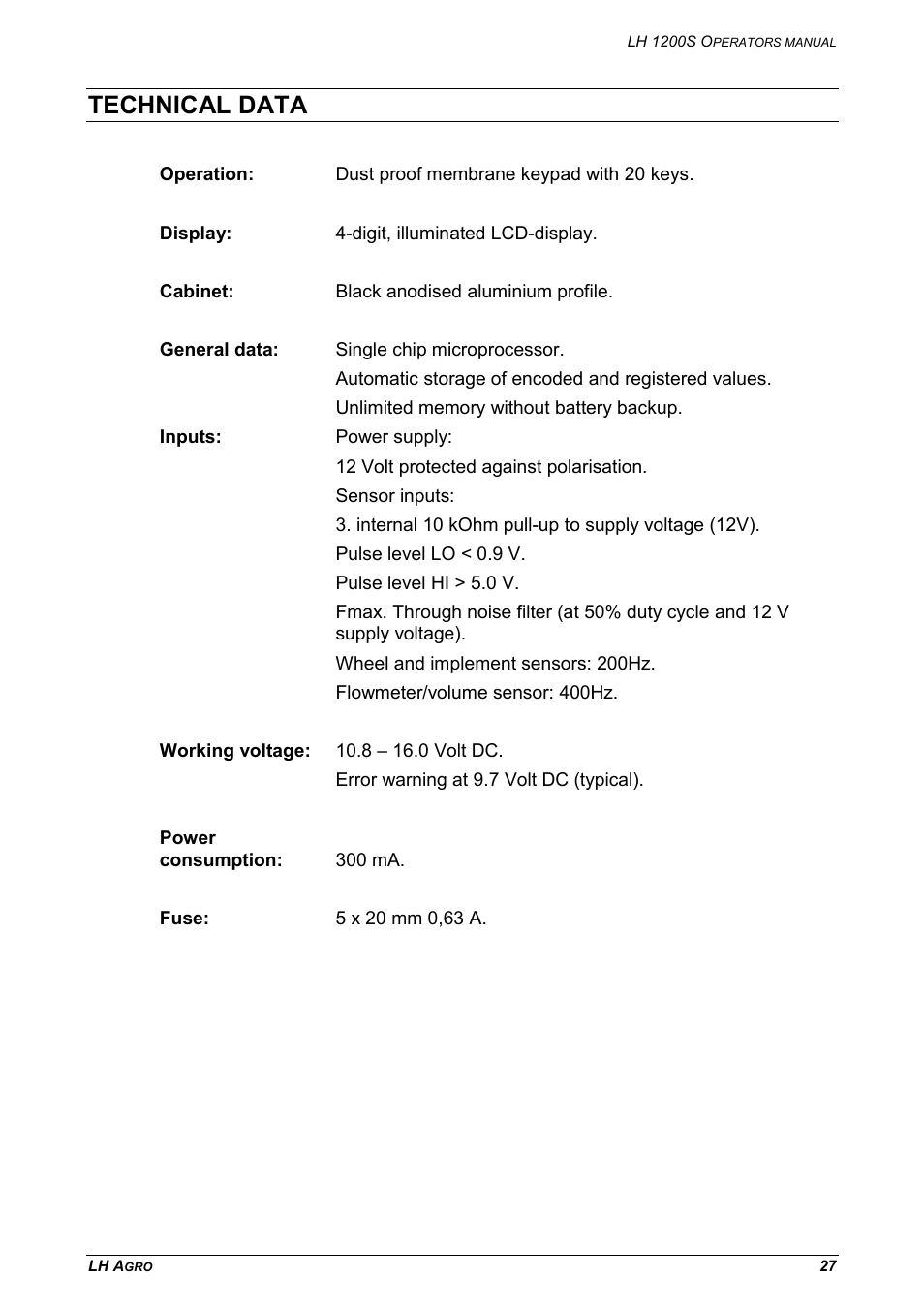 Technical data | TeeJet LH 1200S User Manual | Page 27 / 28