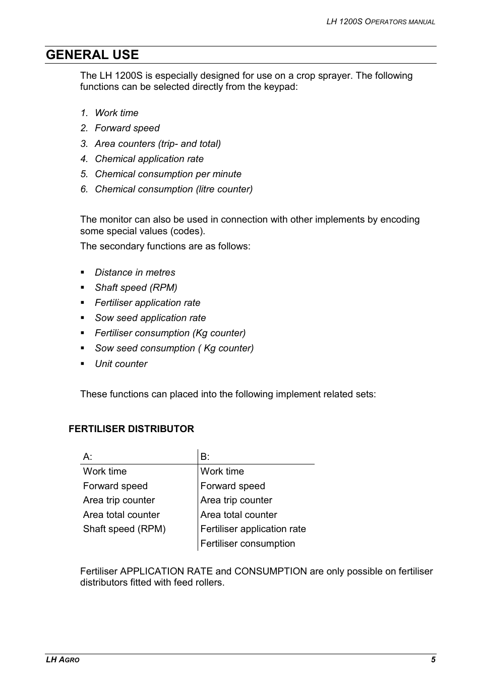 General use, Fertiliser distributor | TeeJet LH 1200S User Manual | Page 5 / 28
