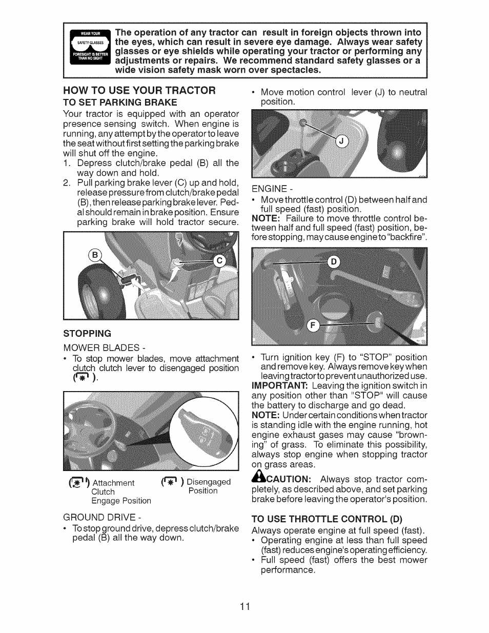 Stopping, To use throttle control (d) | Craftsman 917.28924 User Manual | Page 11 / 128