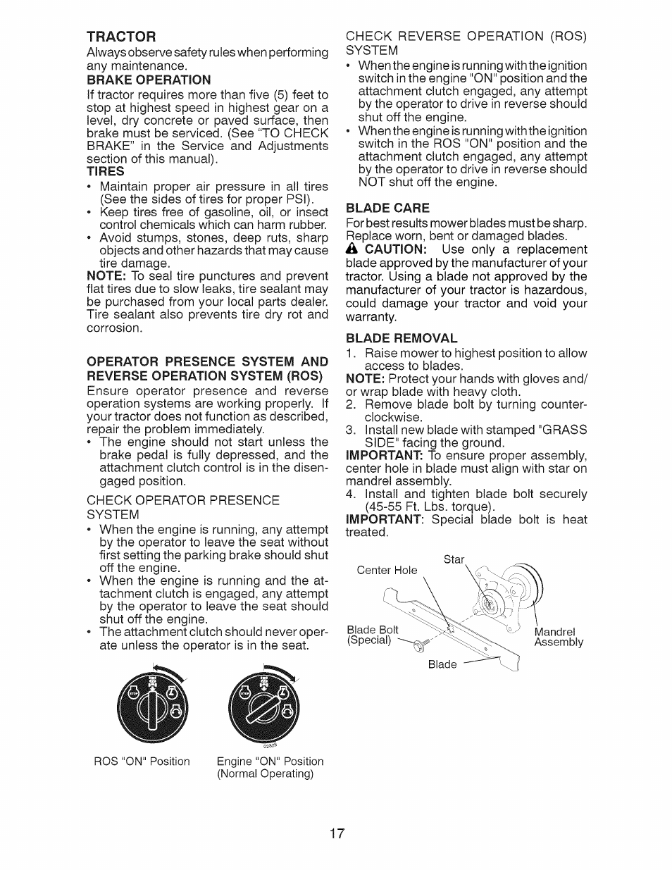 Tires, Blade care, Blade removal | Craftsman 917.28924 User Manual | Page 17 / 128