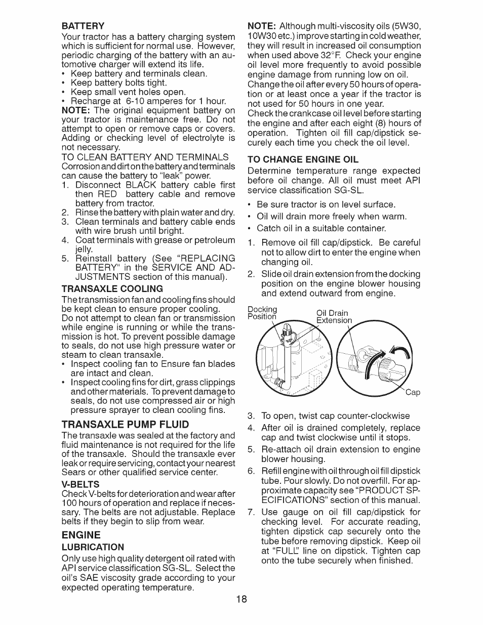 Battery, Transaxle cooling, Transaxle pump fluid | V-belts, Engine, Lubrication, To change engine oil | Craftsman 917.28924 User Manual | Page 18 / 128