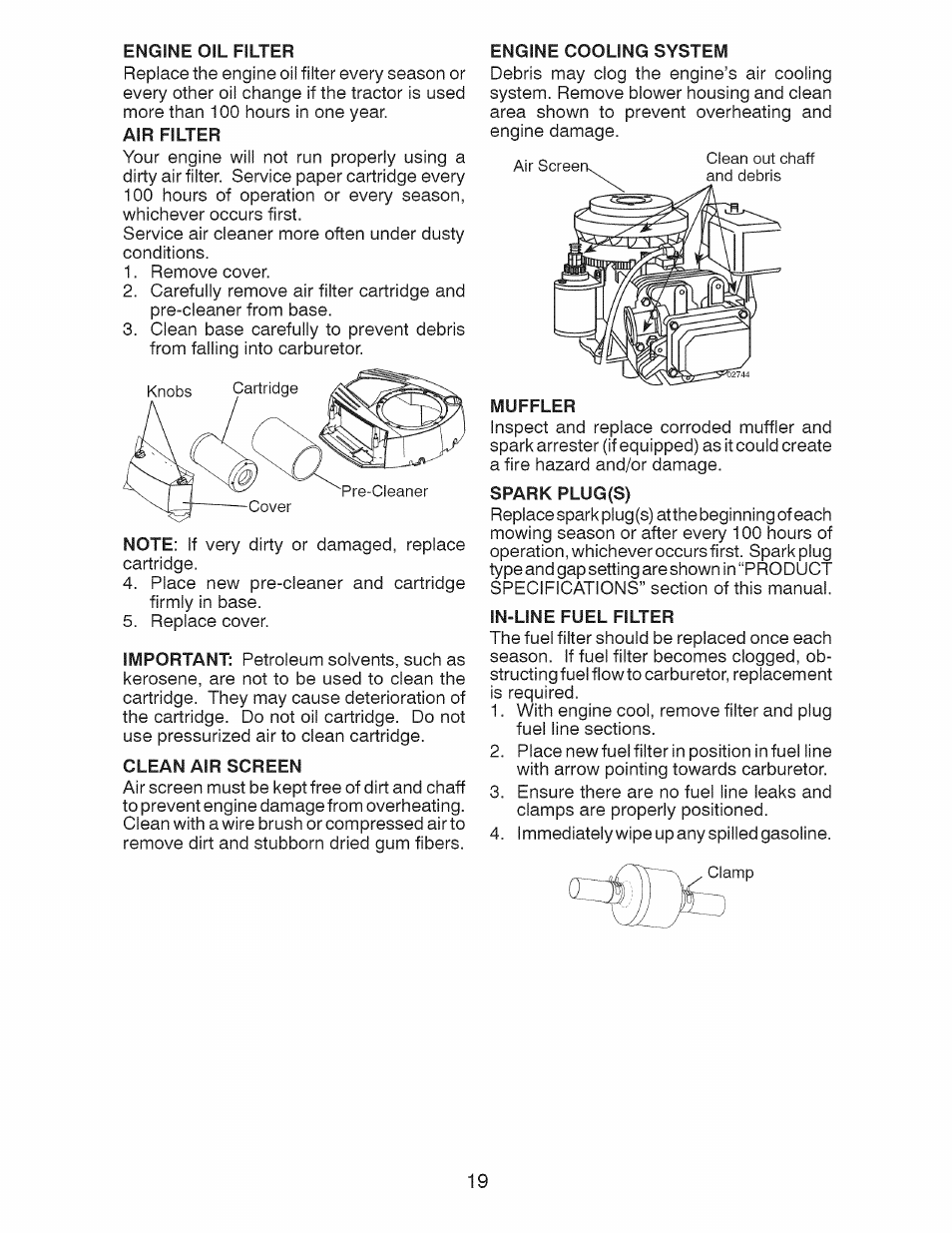 Engine oil filter, Air filter, Clean air screen | Engine cooling system, Muffler, Spark plug(s), In-line fuel filter | Craftsman 917.28924 User Manual | Page 19 / 128