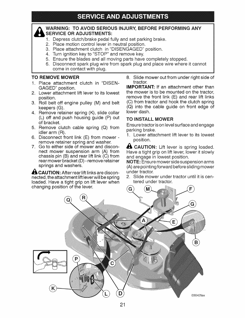 To remove mower, To install mower, Service and adjustments | Craftsman 917.28924 User Manual | Page 21 / 128