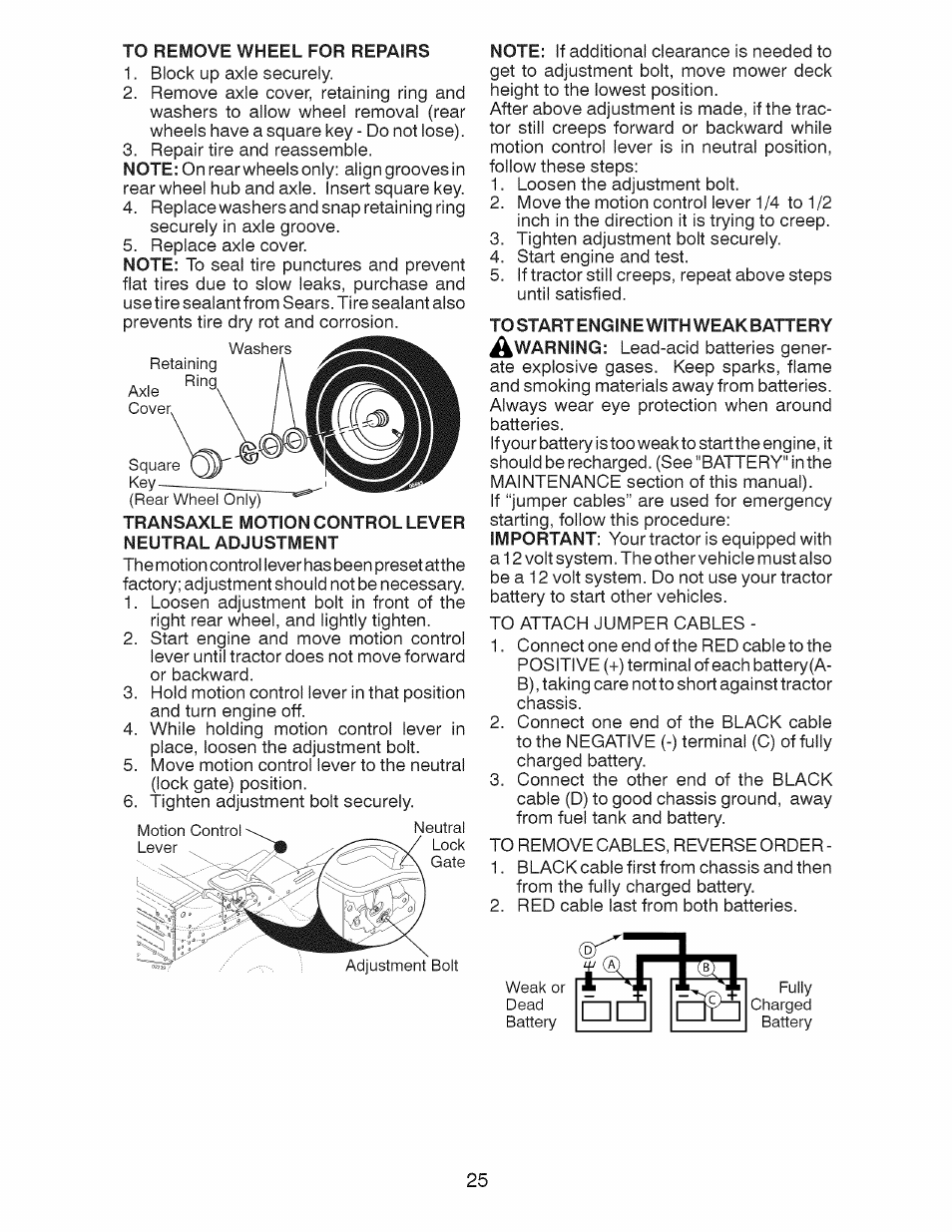 To remove wheel for repairs, Transaxle motion control lever neutral adjustment | Craftsman 917.28924 User Manual | Page 25 / 128