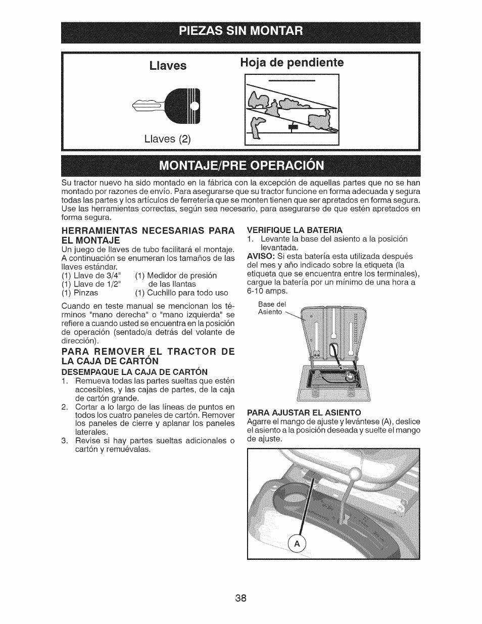 Piezas sin montar, Montaje/pre operacion, Herramientas necesarias para el montaje | Piezas sin montar llaves, Hoja de pendiente montaje/pre operacion | Craftsman 917.28924 User Manual | Page 38 / 128