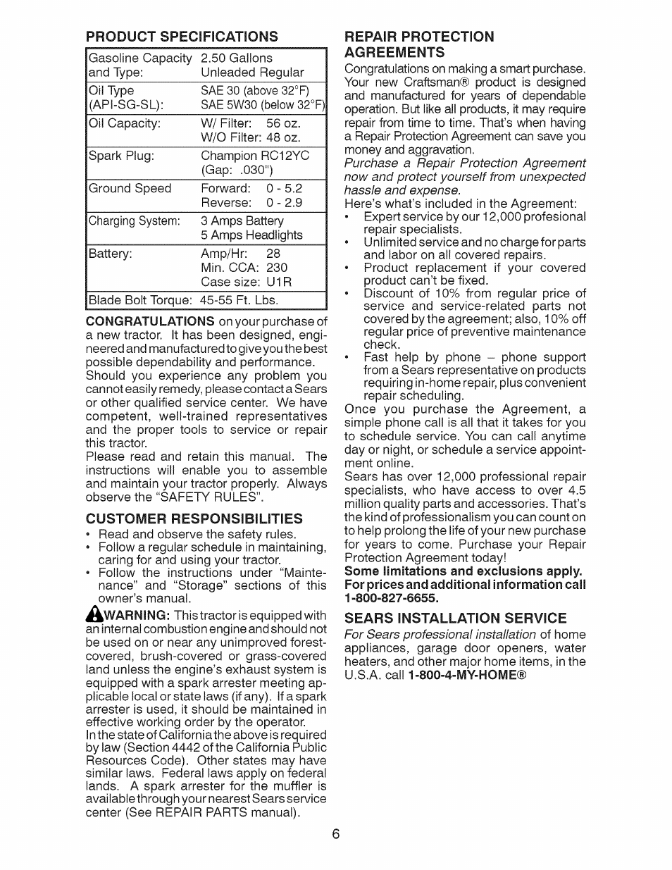 Customer responsibilities, Repair protection agreements, Sears installation service | Craftsman 917.28924 User Manual | Page 6 / 128