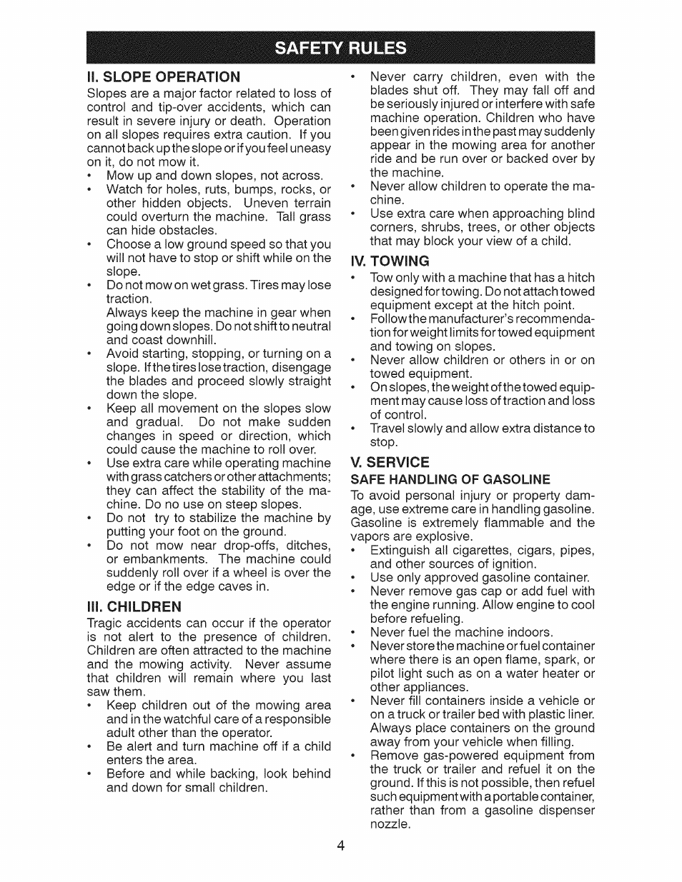 Iii. children, Iv. towing, V. service | Safe handling of gasoline, Safety rules | Craftsman 917.28924 User Manual | Page 68 / 128