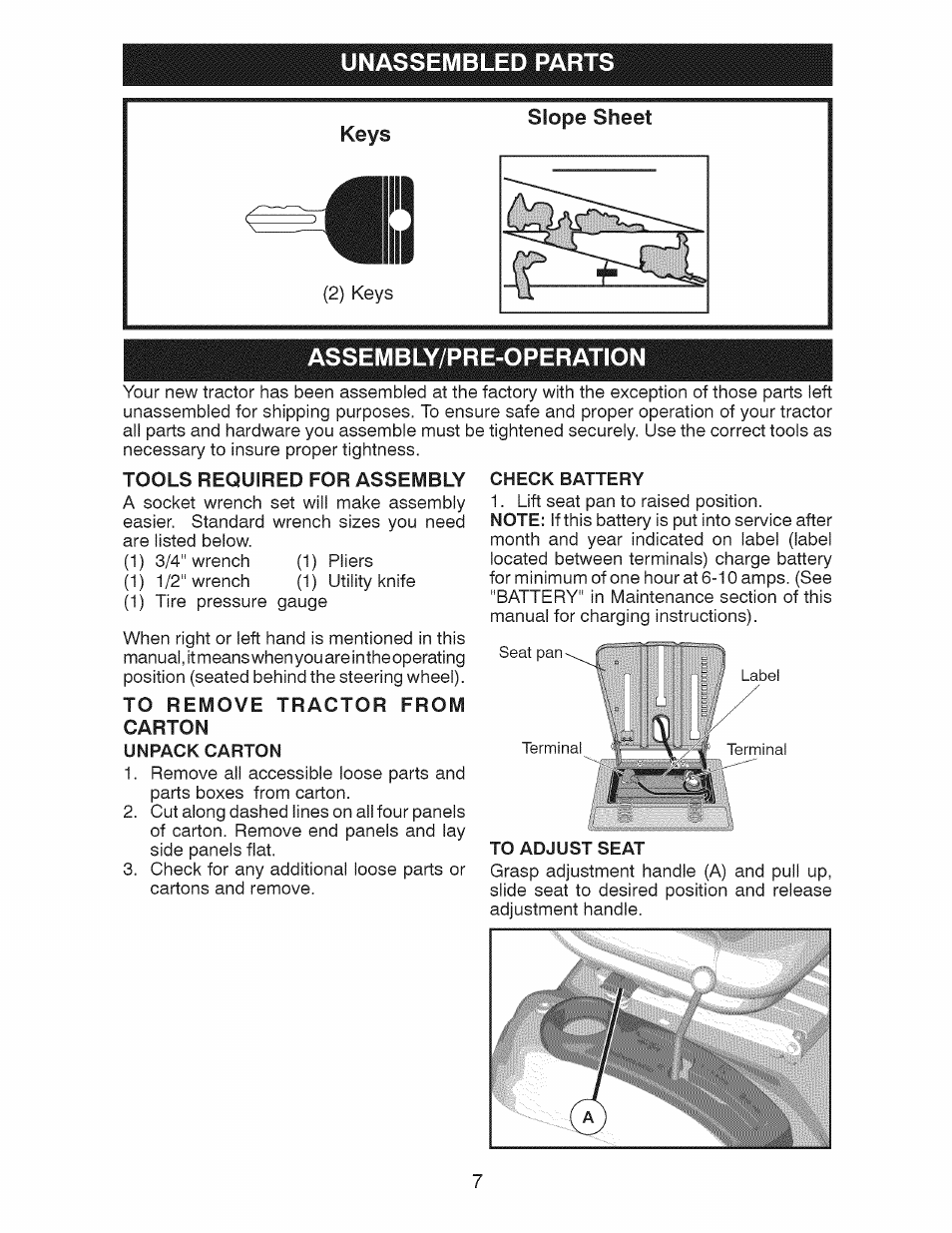 Unassembled parts, Assembly/pre-operation, Tools required for assembly | To remove tractor from, Carton, Unpack carton, Check battery, To adjust seat, Unassembled parts assembly/pre-operation | Craftsman 917.28924 User Manual | Page 7 / 128