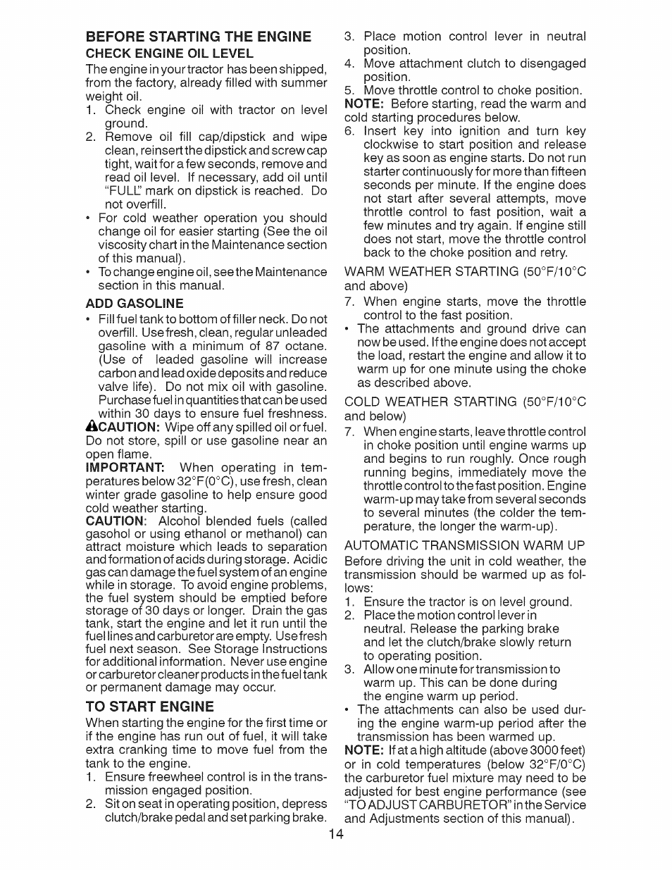 Add gasoline, To start engine | Craftsman 917.28924 User Manual | Page 78 / 128