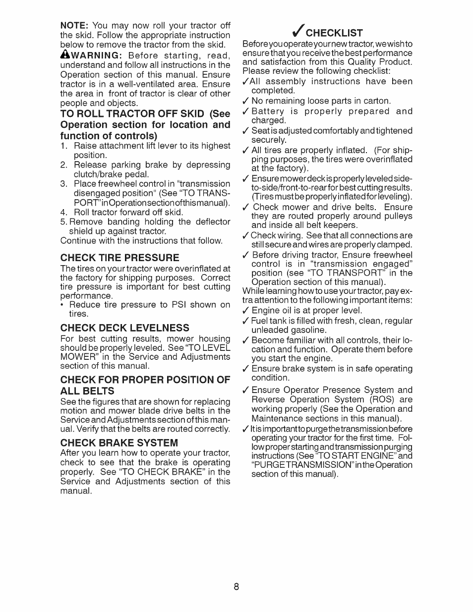 Check tire pressure, Check deck levelness, Check for proper position of all belts | Check brake system, Checklist | Craftsman 917.28924 User Manual | Page 8 / 128