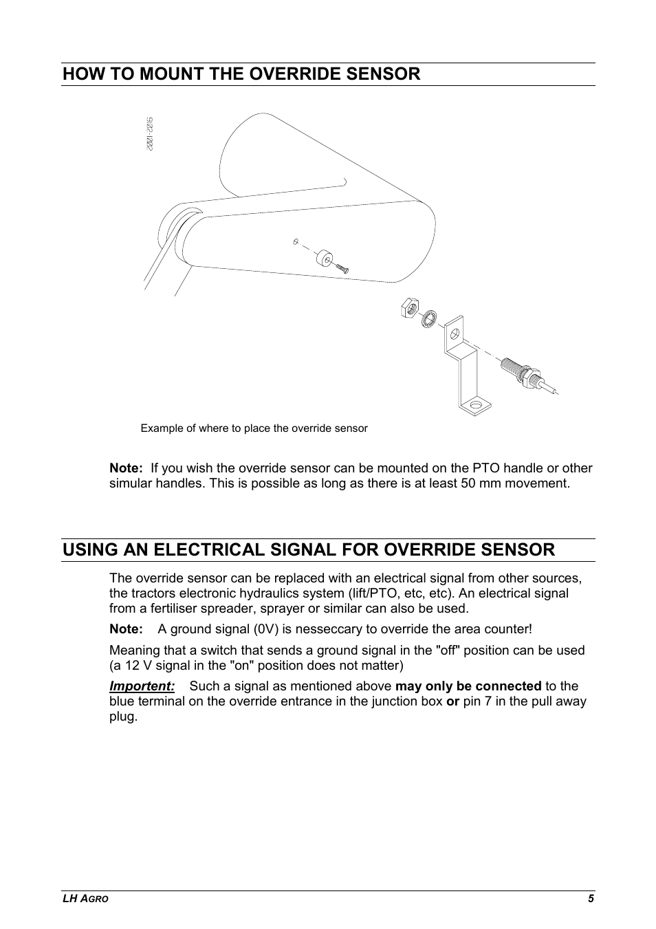 How to mount the override sensor, Using an electrical signal for override sensor | TeeJet LH 1200S User Manual | Page 5 / 8