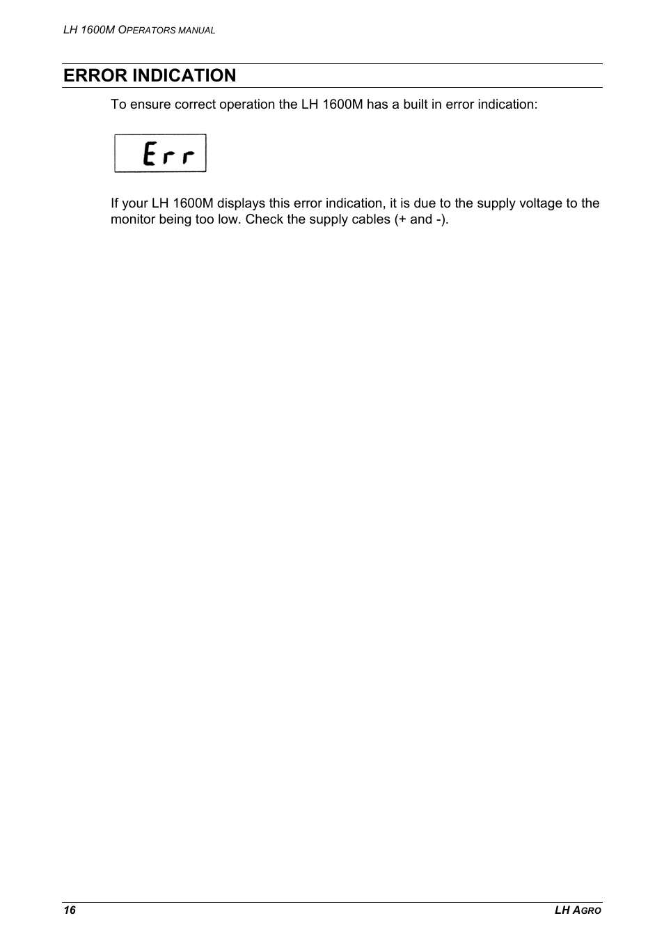 Error indication | TeeJet LH 1600M User Manual | Page 16 / 16