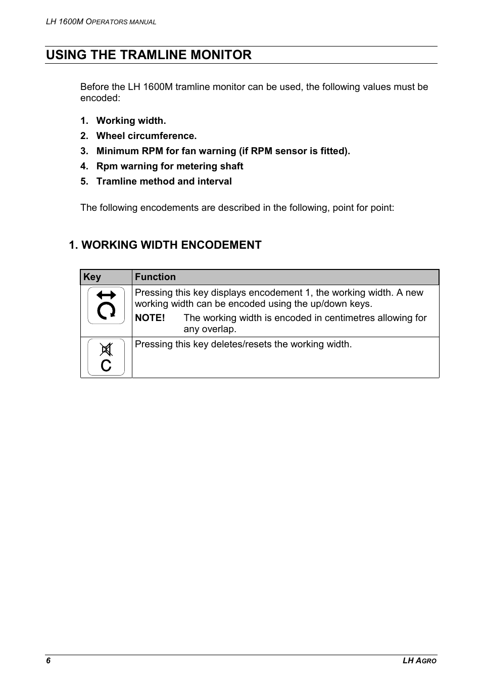 Using the tramline monitor, Working width encodement | TeeJet LH 1600M User Manual | Page 6 / 16