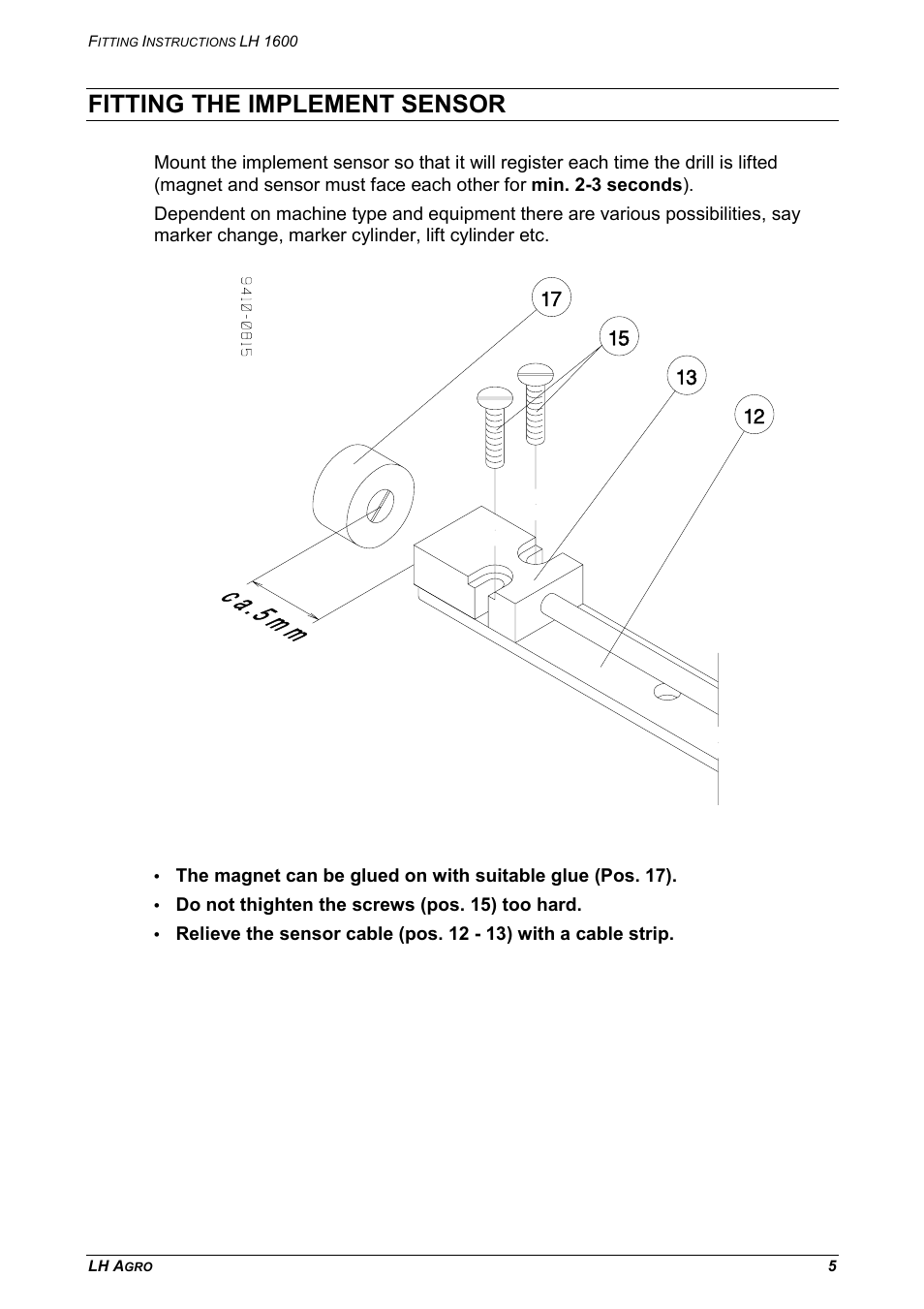 Fitting the implement sensor, Do not thighten the screws (pos. 15) too hard | TeeJet LH 1600 User Manual | Page 5 / 8