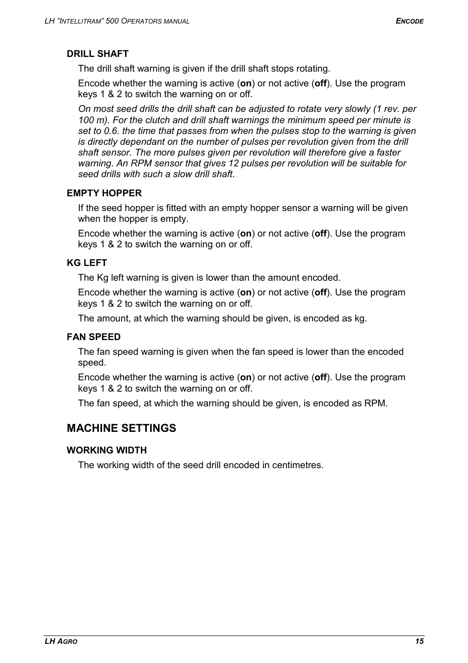 Drill shaft, Empty hopper kg left fan speed, Machine settings | Working width | TeeJet LH INTELLITRAM 500 User Manual | Page 15 / 32
