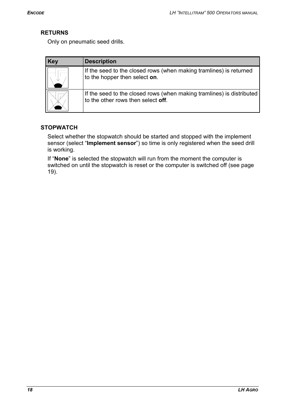 Returns stopwatch | TeeJet LH INTELLITRAM 500 User Manual | Page 18 / 32