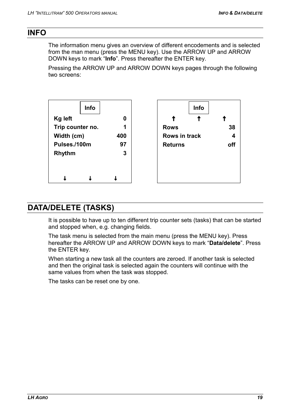 Info, Data/delete (tasks), E 19) | TeeJet LH INTELLITRAM 500 User Manual | Page 19 / 32