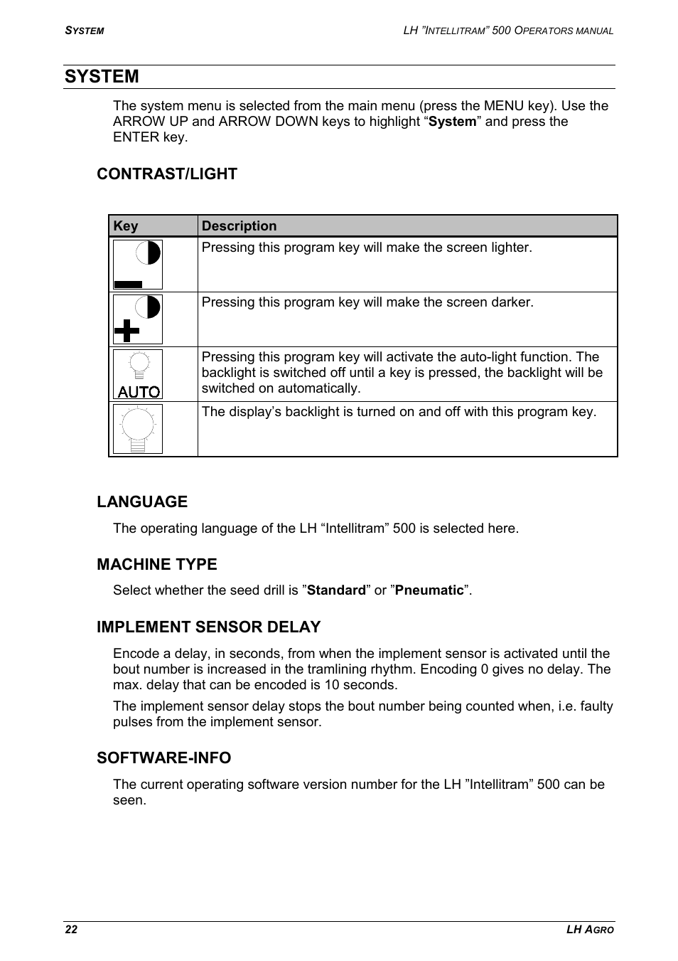 System, E 22), Contrast/light | Language, Machine type, Implement sensor delay, Software-info | TeeJet LH INTELLITRAM 500 User Manual | Page 22 / 32
