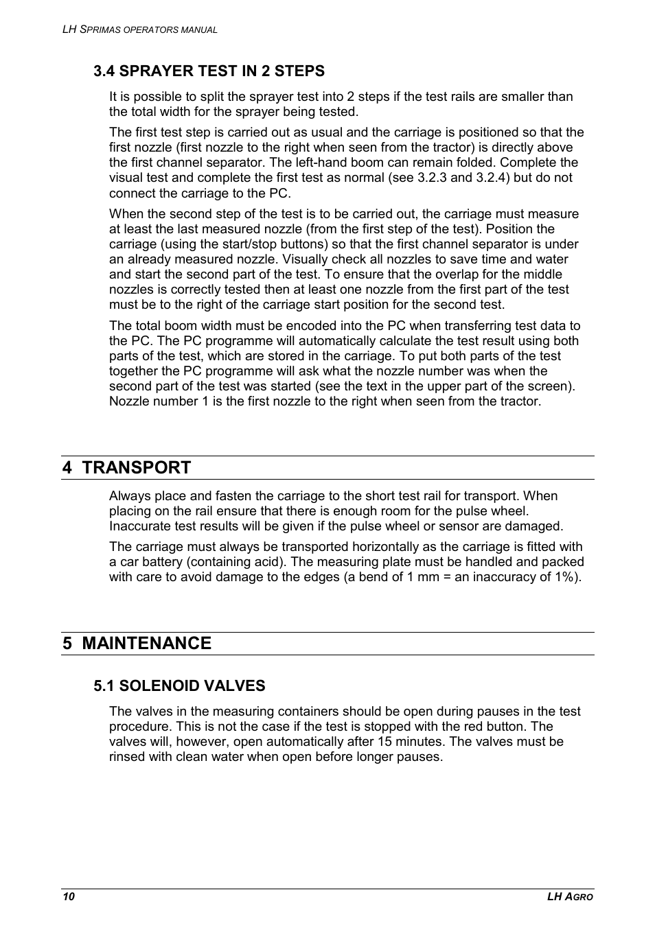 4 sprayer test in 2 steps, 4 transport, 5 maintenance | 1 solenoid valves | TeeJet LH Sprimas User Manual | Page 10 / 12