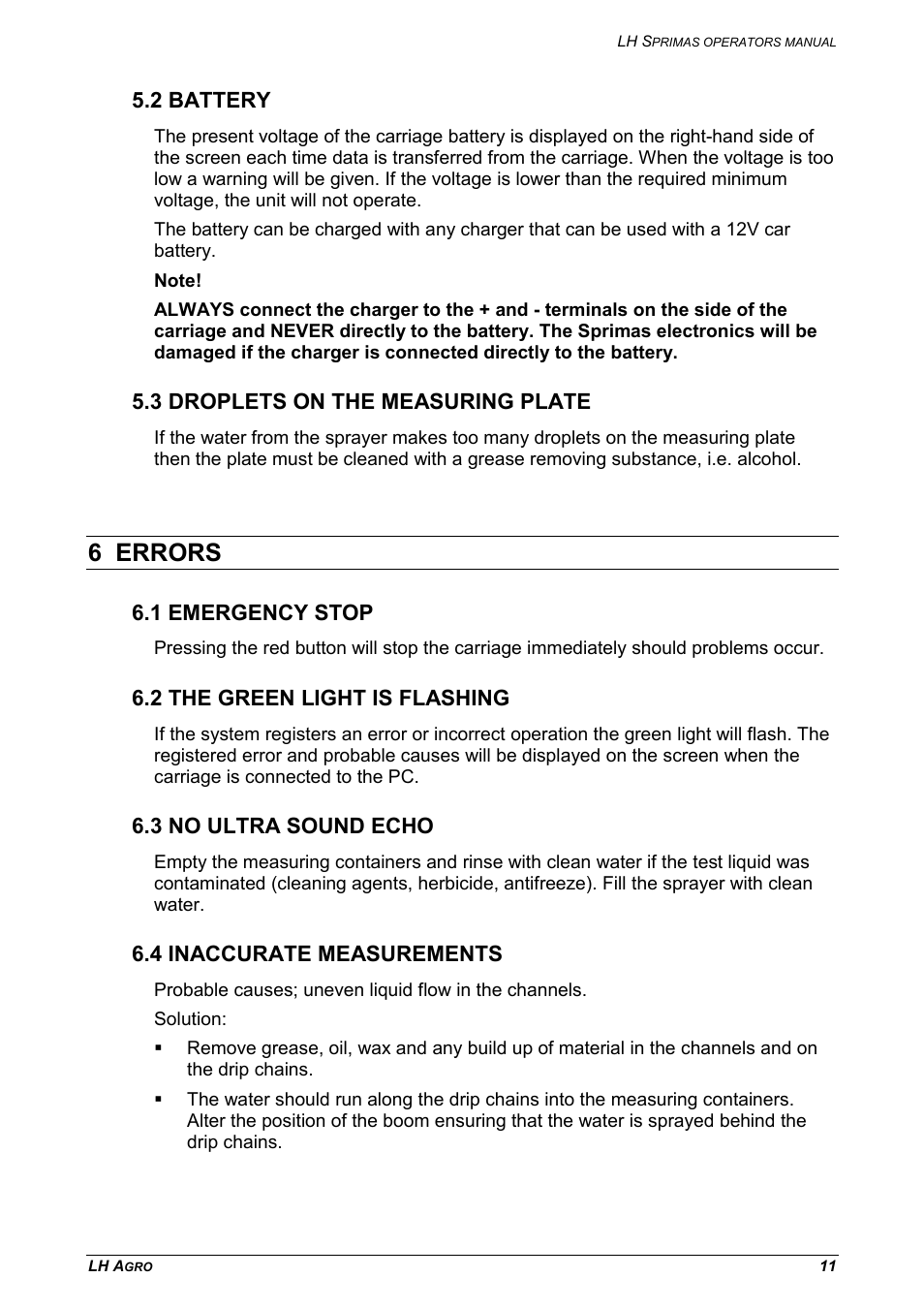 2 battery 5.3 droplets on the measuring plate, 6 errors | TeeJet LH Sprimas User Manual | Page 11 / 12