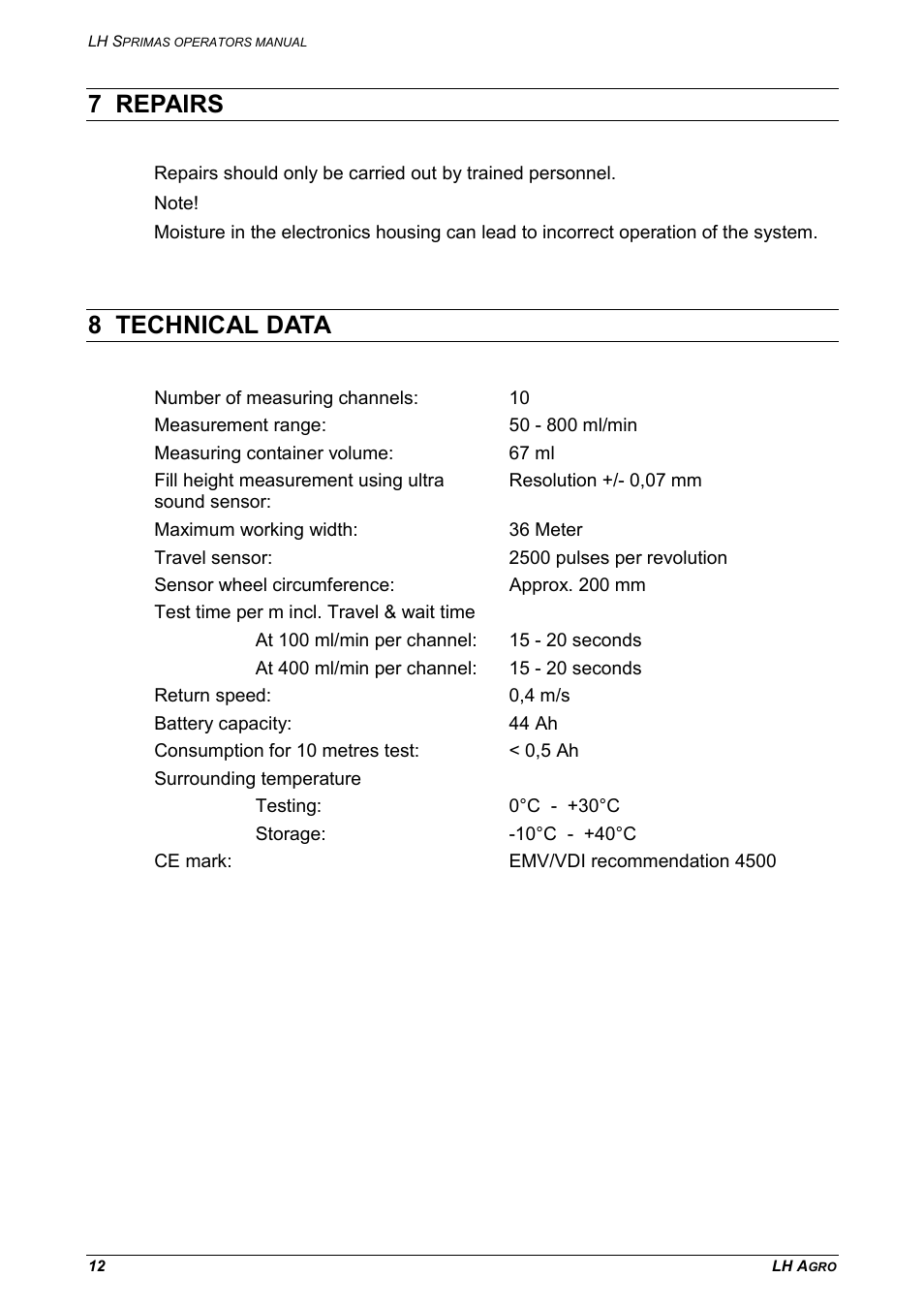 7 repairs, 8 technical data | TeeJet LH Sprimas User Manual | Page 12 / 12