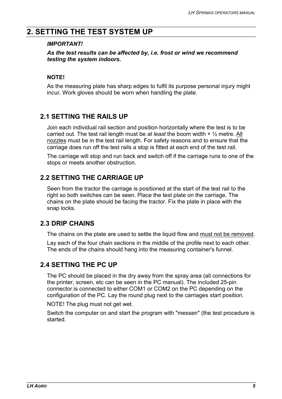 Setting the test system up, 1 setting the rails up, 2 setting the carriage up | 3 drip chains, 4 setting the pc up | TeeJet LH Sprimas User Manual | Page 5 / 12