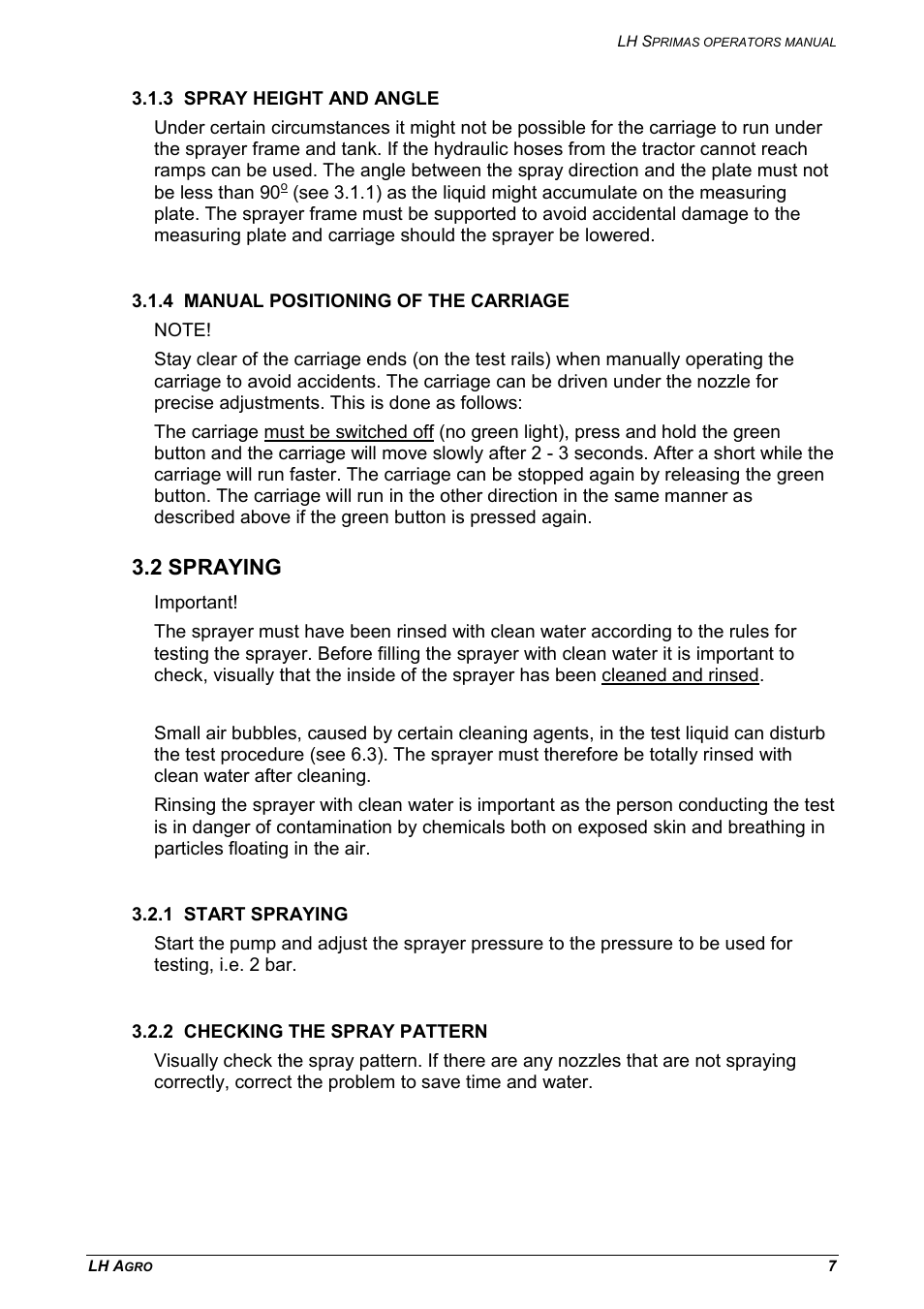 2 spraying, 1 start spraying 3.2.2 checking the spray pattern | TeeJet LH Sprimas User Manual | Page 7 / 12