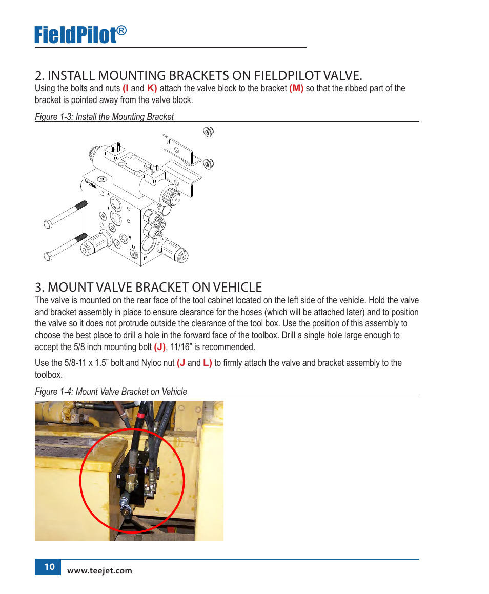 Fieldpilot, Install mounting brackets on fieldpilot valve, Mount valve bracket on vehicle | TeeJet FieldPilot Install AgChem 1803 User Manual | Page 11 / 22