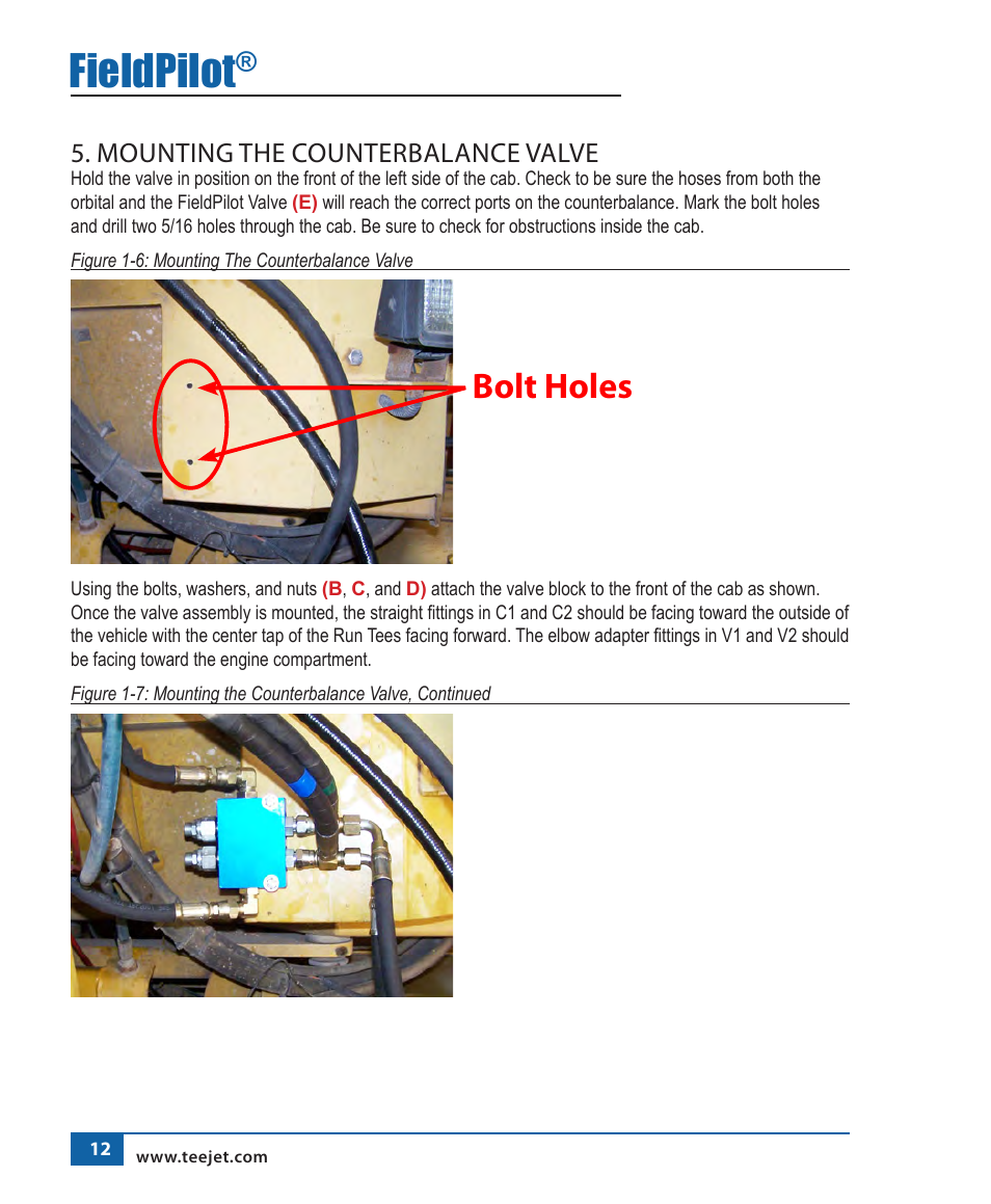 Fieldpilot, Bolt holes, Mounting the counterbalance valve | TeeJet FieldPilot Install AgChem 1803 User Manual | Page 13 / 22