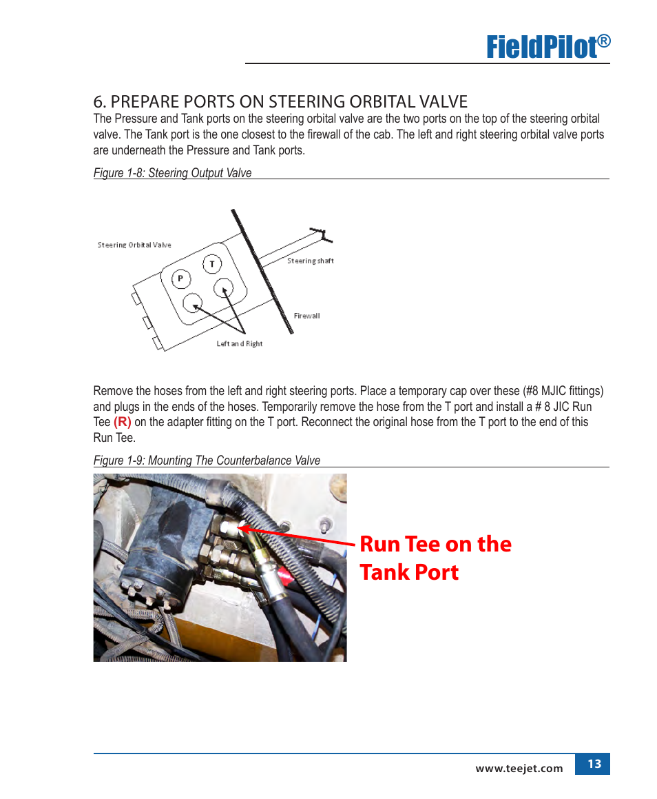 Fieldpilot, Run tee on the tank port, Prepare ports on steering orbital valve | TeeJet FieldPilot Install AgChem 1803 User Manual | Page 14 / 22