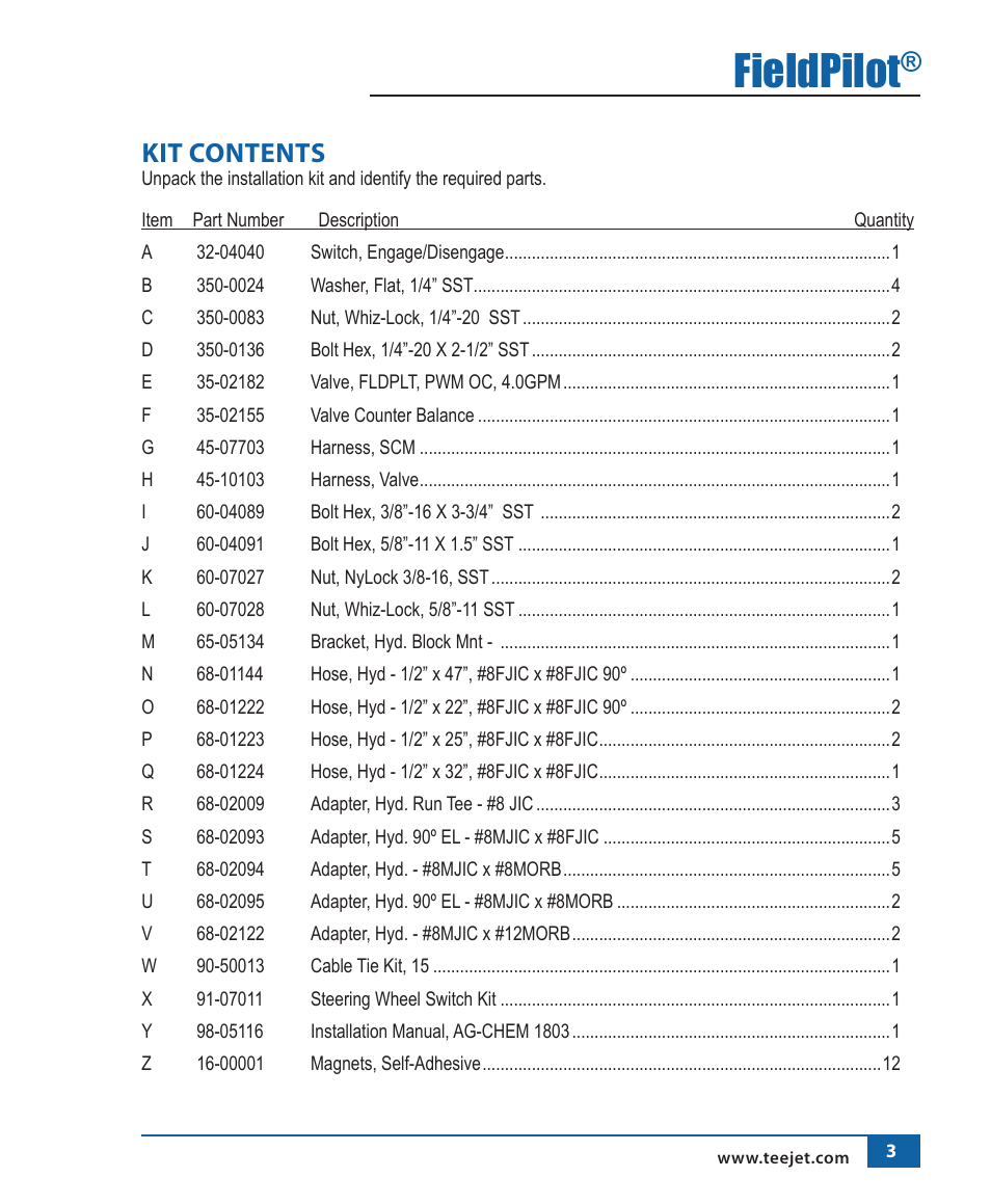 Fieldpilot, Kit contents | TeeJet FieldPilot Install AgChem 1803 User Manual | Page 4 / 22