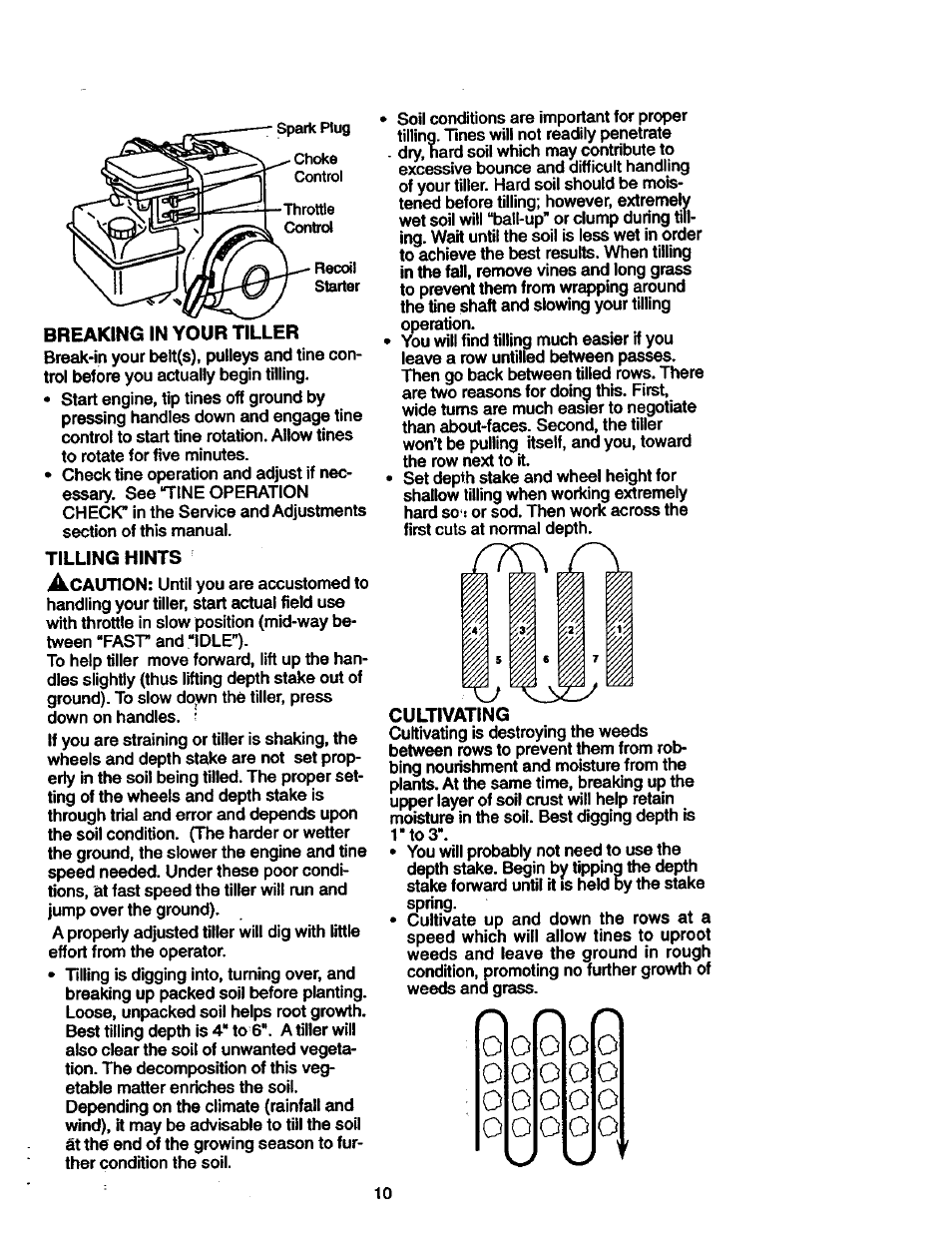 Breaking in your tiller, Tilling hints, Cultivating | Craftsman 917.292402 User Manual | Page 10 / 33