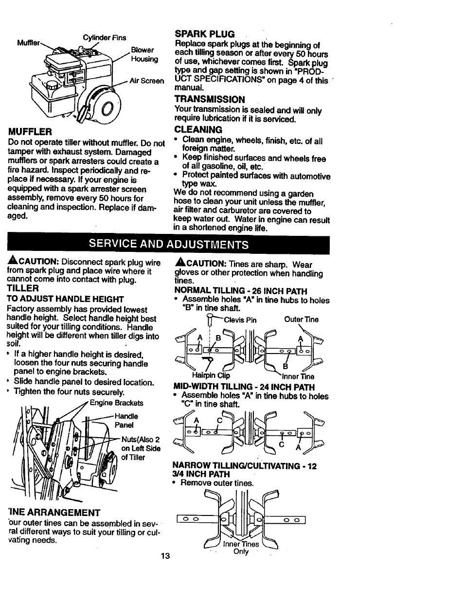 Muffler, Sparkplug, Transmission | Cleaning, Ine arrangement | Craftsman 917.292402 User Manual | Page 13 / 33