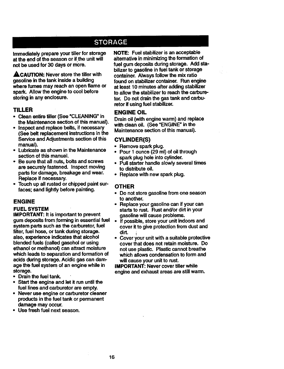 Storage, Tiller, Engine oil | Cylinder(s), Other | Craftsman 917.292402 User Manual | Page 16 / 33