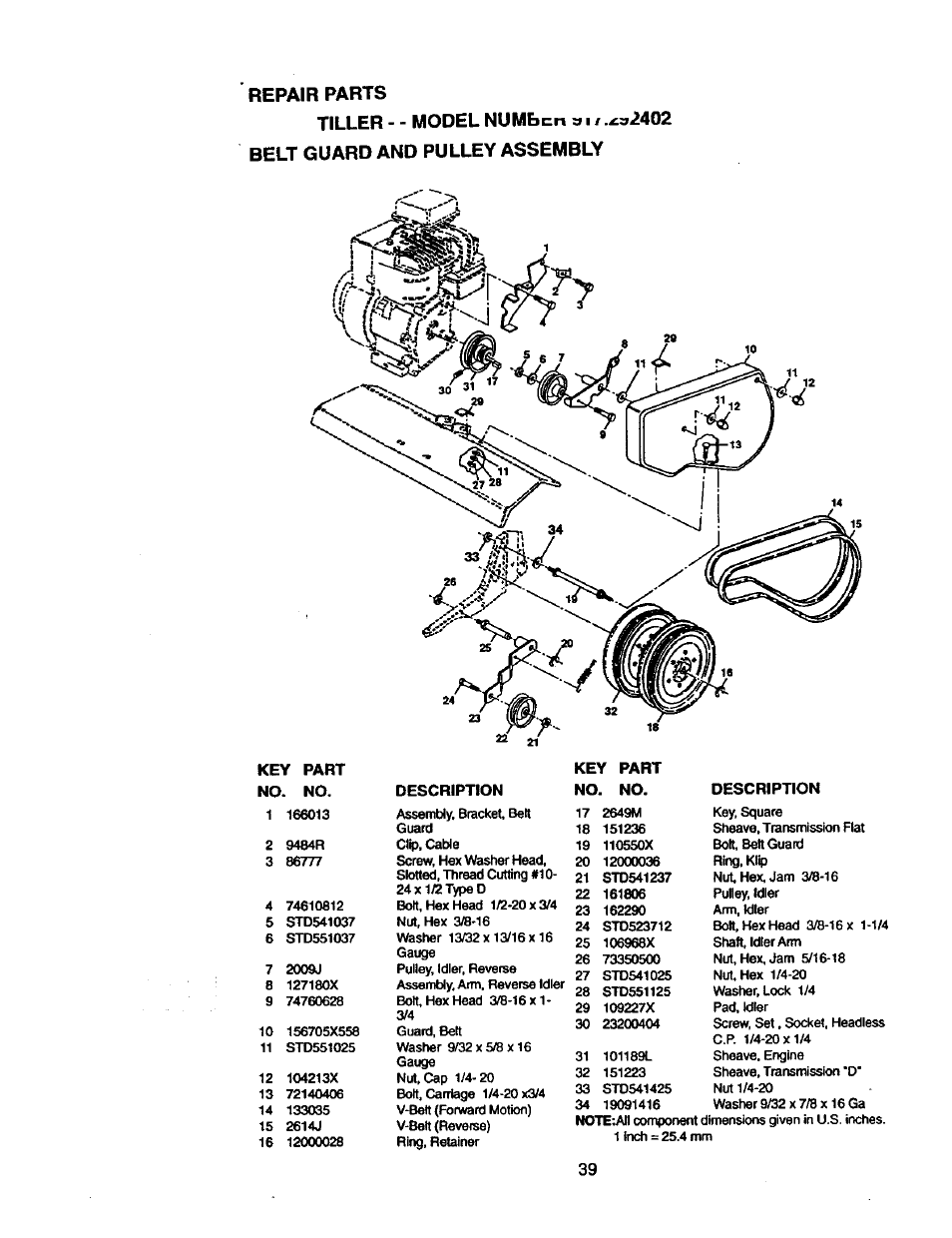 Repair parts tiller - - model numbcn a, 2402 belt guard and pulley assembly | Craftsman 917.292402 User Manual | Page 20 / 33