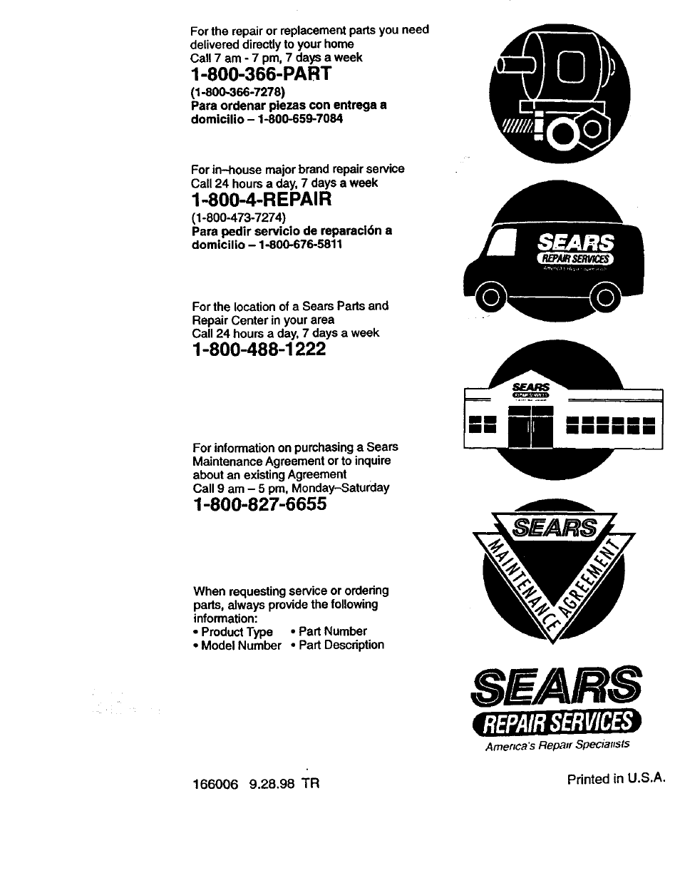 800-366-part, 800-4-repair, Repair services | Craftsman 917.292402 User Manual | Page 33 / 33