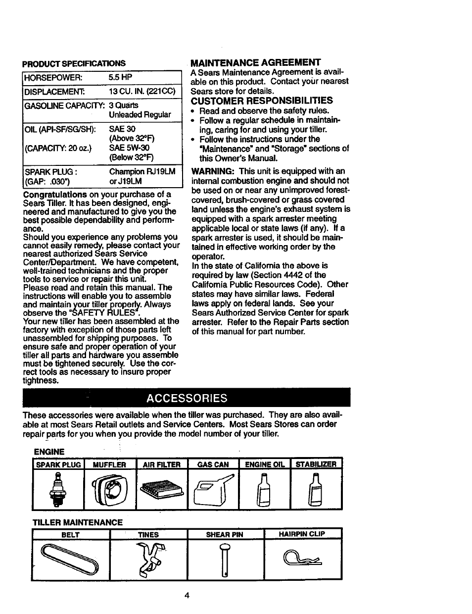 Maintenance agreement, Customer responsibilities, Accessories | Craftsman 917.292402 User Manual | Page 4 / 33