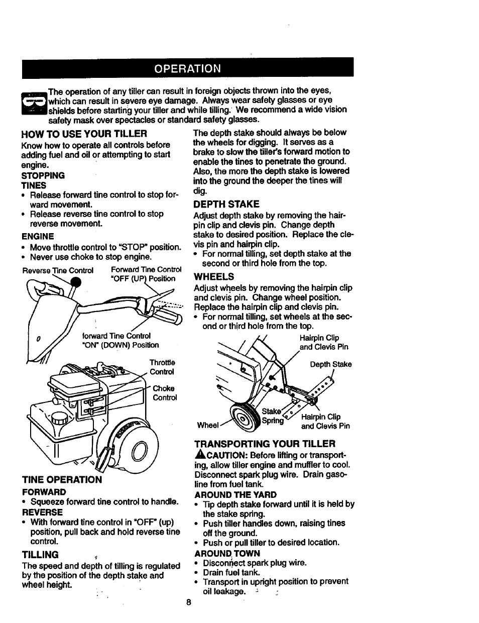 How to use your tiller, Tine operation forward, Tilling | Depth stake, Wheels, Operation | Craftsman 917.292402 User Manual | Page 8 / 33